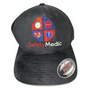 FLEXFIT Embroidered Black Safety Medic Trucker Cap Hat Mesh One Size Fits All